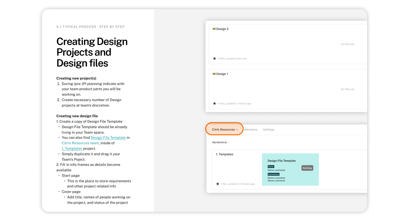 Slide from “How we Figma” guidelines showing how to create design files and projects.